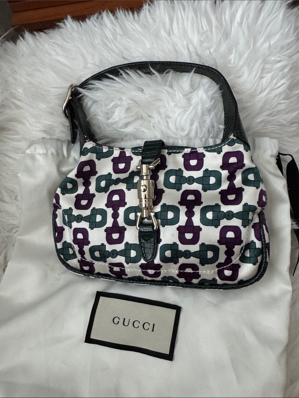 Gucci White Mini Shoulder Bag with Green & Purple Print